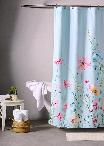 Maison d' Hermine Shower Curtain 100% Cotton One Panel 70"x72" Washable Fabric Shower Curtains for Bathroom, Easy Hanging with 12 Button Holes - Home Hotel Spa Easter Gifts (Delphinium - Cyan)