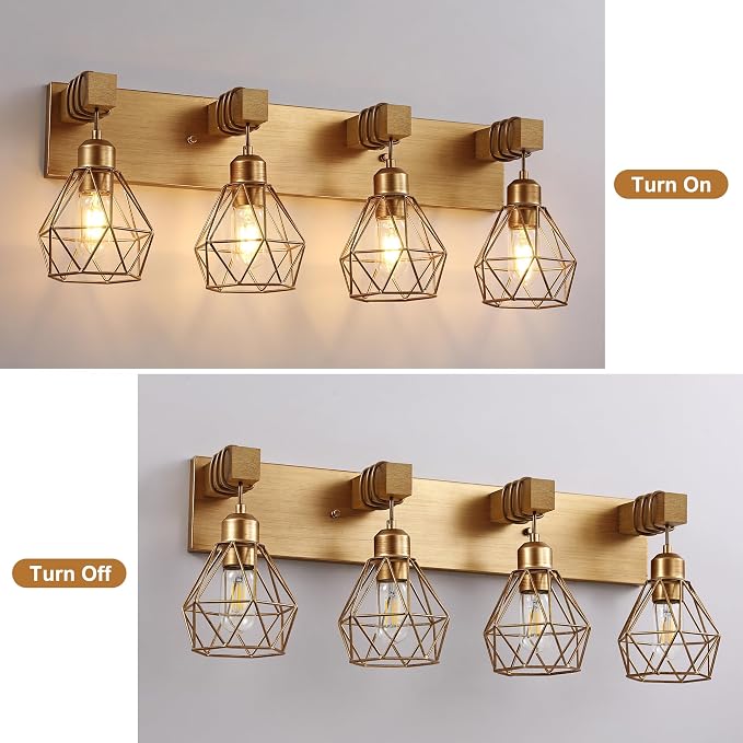 maesta 4 Light Bathroom Vanity Light, Farmhouse Gold Fixture Over Mirror | Farmhouse Bathroom Light Fixtures, Wood & Metal, Anti-Rust, Easy to Install for Rustic Bathroom Hallway