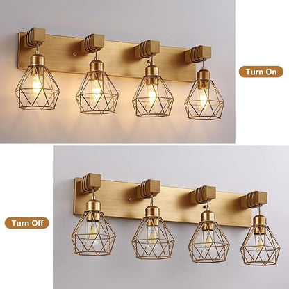 maesta 4 Light Bathroom Vanity Light, Farmhouse Gold Fixture Over Mirror | Farmhouse Bathroom Light Fixtures, Wood & Metal, Anti-Rust, Easy to Install for Rustic Bathroom Hallway