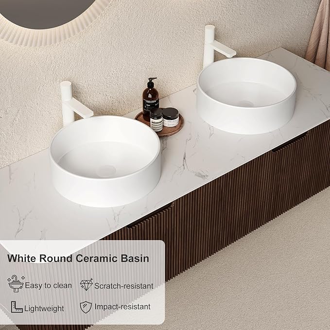 60" Floating Bathroom Vanity with Sink, Wall-Mount Cabinet with 2 White Round Ceramic Basins and Marble Top, 2 Large Storage Drawer, Soft-Close Design, Dark Walnut