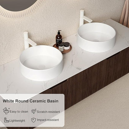 60" Floating Bathroom Vanity with Sink, Wall-Mount Cabinet with 2 White Round Ceramic Basins and Marble Top, 2 Large Storage Drawer, Soft-Close Design, Dark Walnut