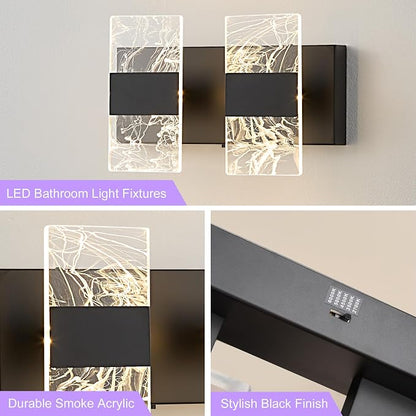 Matte Black Modern LED Bathroom 2-Light Vanity Light Over Mirror | 5CCT Adjustable Lighting, Smoked Acrylic LED Vanity Lights, Wall Sconces for Bathroom, Dimmable 6000K