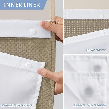 Furlinic Stall Shower Curtain No Hook with Snap in Liner,Waffle Weave Waterproof Bathroom Curtains with See Through Top Window & Weighted Magnets,Beige,36x72 Inch