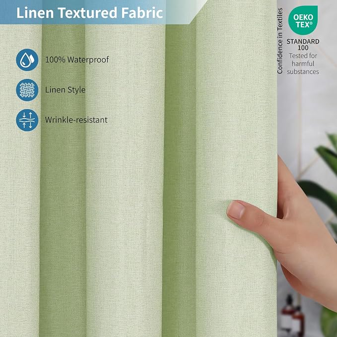 Extra Long Fabric Shower Curtain with Waterproof Layer,72x84,Green | 2-in-1 Design,Linen Textured,100% Waterproof TPU-Laminated Backing,Magnetic Weighted,Machine Washable,For Bathroom,Hotel