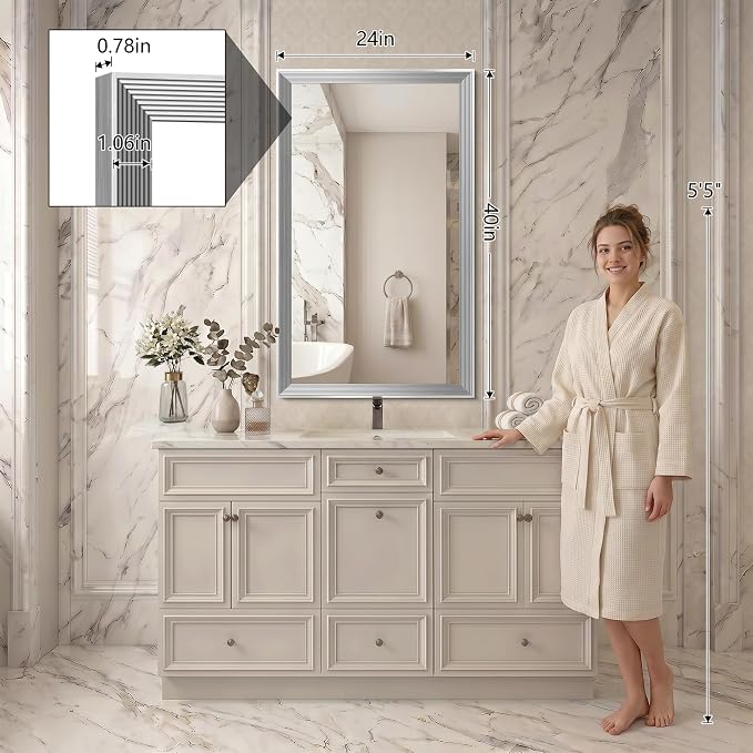 DESBING 24"x40" Silver Bathroom Mirrors for Over Sink | Tempered Glass, Metal Frame, Rectangle Vanity Wall Mirror for Bathroom, Living Room, Bedroom, Horizontally or Vertically
