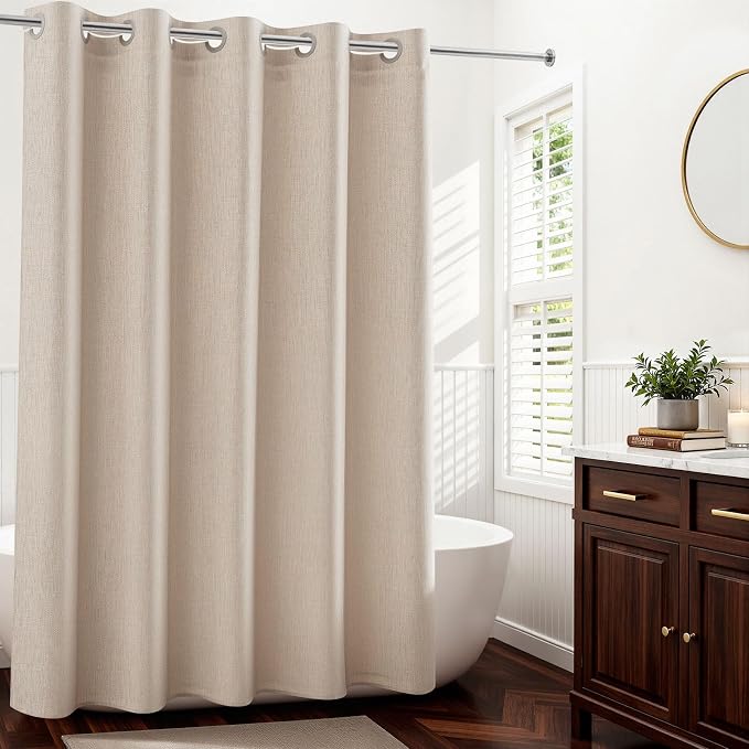 River Dream Linen Textured No Hooks Shower Curtain with Liner,Linen,71x80 | Long,with Snap-in Liner,Heavy Duty Fabric,Quick Dry,Bottom Magnets,Water-Repellent,Washable,Farmhouse Bathroom Set