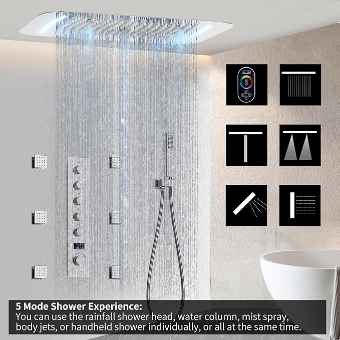 3 Functions Shower Head System Chrome Shower Faucet Set | 16X26 inch Ceiling Shower, 6 Body Jet, Handheld Shower, Temperature Display, 5 Functions Can All Run Together
