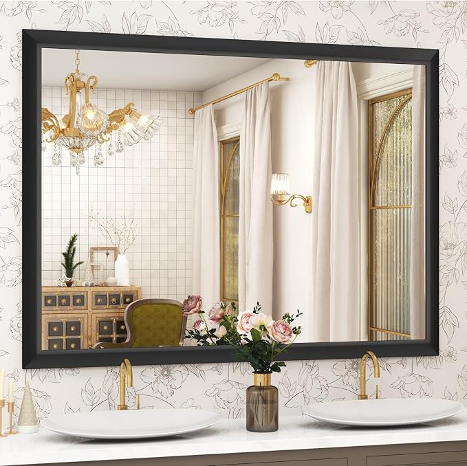 SMIROR 50x40 Matte Black Bathroom Vanity Mirror for Over Sink | Metal Wide Frame, Rectangle, Right- Angle Corner, Anti-Rust, Horizontally or Vertically Wall- Mounted for Home Remodel