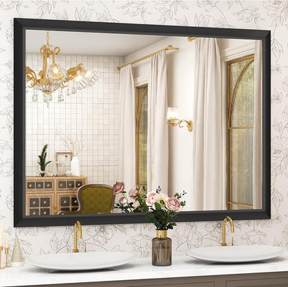 SMIROR 50x40 Matte Black Bathroom Vanity Mirror for Over Sink | Metal Wide Frame, Rectangle, Right- Angle Corner, Anti-Rust, Horizontally or Vertically Wall- Mounted for Home Remodel