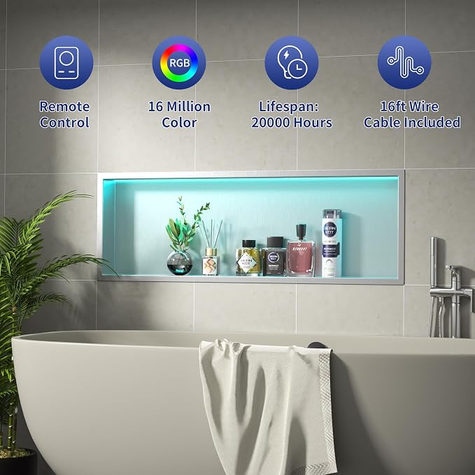 Stainless Led Shower Niche 36"x12" Brushed RGB Light No Tile Needed | 304 stainless steel shower niche,recessed dimmable niche shower,Led driver & remote control included,dropped in niche