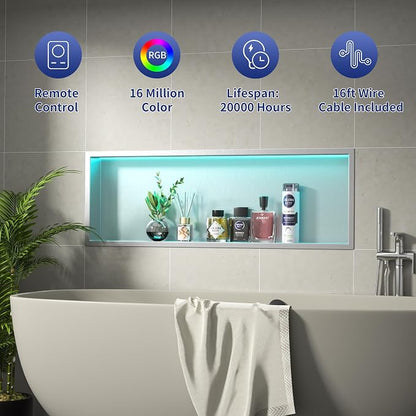 Stainless Led Shower Niche 36"x12" Brushed RGB Light No Tile Needed | 304 stainless steel shower niche,recessed dimmable niche shower,Led driver & remote control included,dropped in niche