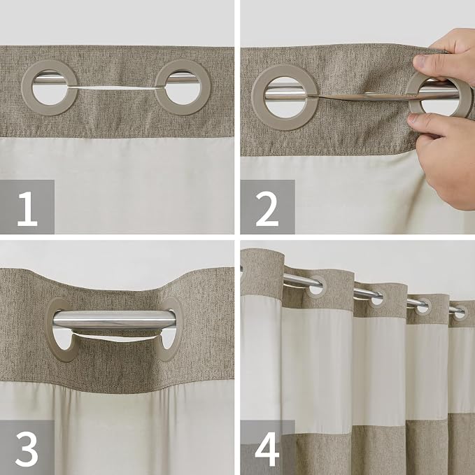 eachope No Hook Fabric Shower Curtain with Snap-in Liner,71x74 Khaki/Tan | Linen Texture,230GSM Thick Fabric,Hotel Luxury Decor,Mesh Window,Bottom magnetic ,Waterproof & Machine Washable,for Bathroom