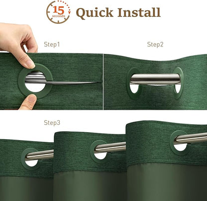 Emerald Green Ringless Linen Look Shower Curtain with Snap Liner 72x75 | 3 in 1 Modern Shower Curtain Set, Removable Liner, Waterproof & Washable, Mesh Top Window, Durable Fabric, Easy to Install