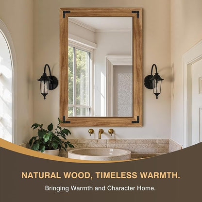 Bathroom Mirror for Wall, 28" x 40" Wooden Vanity Mirror | Solid Wood Frame, Rustic Farmhouse Style, Shatterproof Glass, for Bedroom, Living Room, Entryway Decor, Vertical/Horizontal