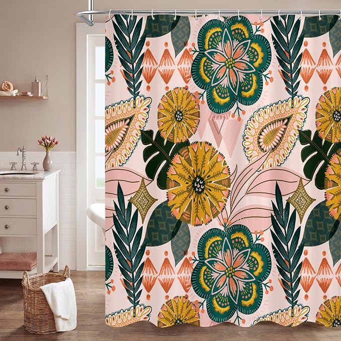 Pink Floral Shower Curtain, Boho Vintage Botanical Fabric Curtain, 72 x 78 | Boho floral, vintage botanical, dark floral, rustic farmhouse, colorful flowers, fabric shower curtain