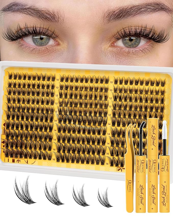 QUEWEL Lash Clusters Kit 300PCS C Curl Wispy Eyelash Clusters(JS01-Kit) | Natural Look Cluster Lashes Extensions Kit with Lash Bond and Seal and Tweezers Natural Eyelash Clusters Use at Home