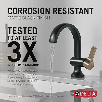 Delta Albion Matte Black/Brushed Gold Bathroom Faucet 1 Hole, Single Hole Bathroom Sink Faucet for Vanity, Metal Push-Pop Drain Assembly, Matte Black/Champagne Bronze 15855LF-GZ