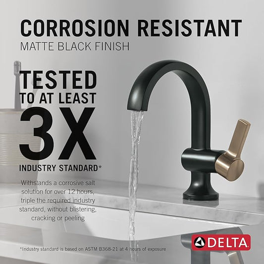 Delta Albion Matte Black/Brushed Gold Bathroom Faucet 1 Hole, Single Hole Bathroom Sink Faucet for Vanity, Metal Push-Pop Drain Assembly, Matte Black/Champagne Bronze 15855LF-GZ