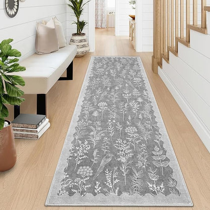 GarveeHome Washable 2x6 Runner Rugs for Bathroom Floral Kitchen Rug Neutral Scalloped Carpet, Non-Slip Hallway Rug Stain Resistant Modern Low-Pile Carpet for ‎Laundry Bedside Entryway(2x6 ft,Grey)