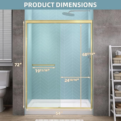 GETPRO Sliding Shower Door 50-54 in. W x 72 in. H Semi-Frameless Bypasss Double Sliding Glass Shower Enclosure,1/4 inch Clear Tempered Glass Door for Walk-in Shower Brushed Gold