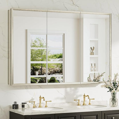 TokeShimi 48 x 32 Mirrored Medicine Cabinets for Bathroom, Assembly Required, Brushed Nickel Recessed Medicine Cabinet with Mirror, Aluminum Frame, Stepless Adjustable Shelves, Tempered Glass