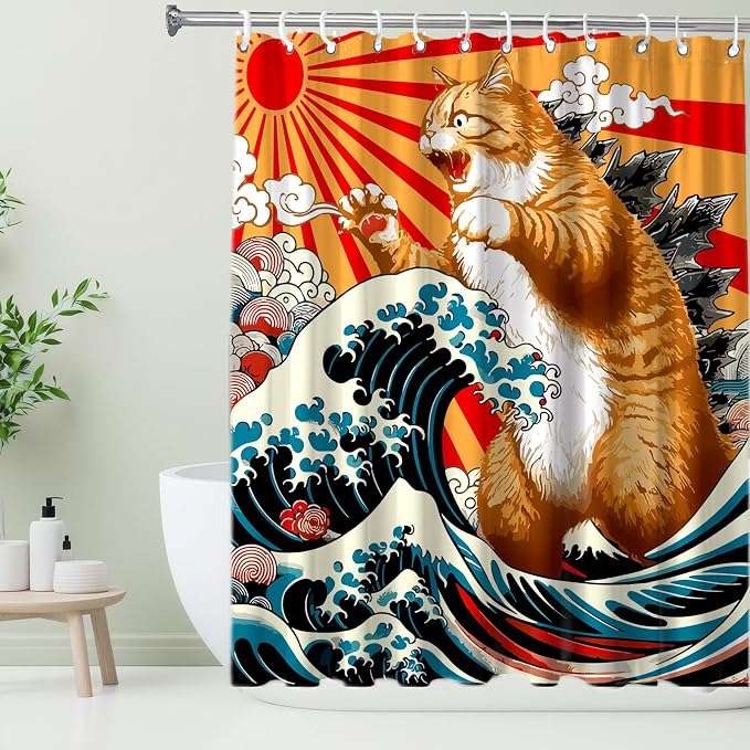 Funny Japanese Cat Shower Curtain, Vintage Orange Cat Japan Anime Ocean Wave Waterproof Shower Curtain with Hooks, Funky Animal Sun Fabric Shower Curtains Kids Bathroom Decor 72X72inches