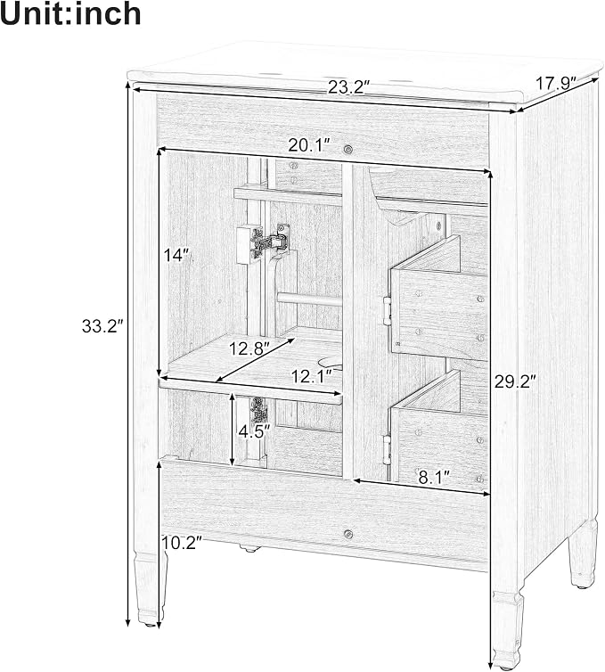 24" Modern Bathroom Vanity with Ceramic Sink, Solid Wood Frame Freestanding Storage Cabinet w/2 Drawers & Tilt-Out Drawer, Door Rack & Adjustable Shelf, Golden Metal Handles, Wood