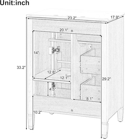 24" Modern Bathroom Vanity with Ceramic Sink, Solid Wood Frame Freestanding Storage Cabinet w/2 Drawers & Tilt-Out Drawer, Door Rack & Adjustable Shelf, Golden Metal Handles, Wood