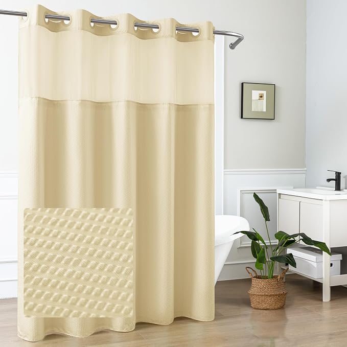 No Hook Shower Curtain with Snap-in Fabric Liner 71x74, Beige | Embossed Waffle-Look Textured, Sheer Window, Soft & Lightweight, Water Repellent Fabric Shower Curtain for Bathroom