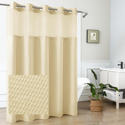 No Hook Shower Curtain with Snap-in Fabric Liner 71x74, Beige | Embossed Waffle-Look Textured, Sheer Window, Soft & Lightweight, Water Repellent Fabric Shower Curtain for Bathroom