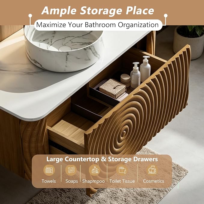 60" Floating Bathroom Vanity with Sink, Mid-Century Wall Mounted Bathroom Vanity Cabinet with Wood Waved Decor,Marble Ceramic Basin and Sintered Stone Top, Soft Close Drawer, 2 Side Open Cube