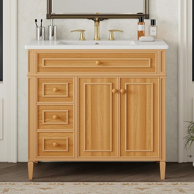36" Modern Bathroom Vanity with Ceramic Sink, Tilt-Out Drawer & 2 Drawers, Solid Wood Frame Freestanding Storage Cabinet w/2 Soft-Close Doors & Adjustable Shelf, Rubberwood Handles, Wood
