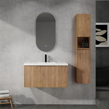 SSLine 36-Inch Single Bathroom Vanity Modern Wall Mounted Bathroom Vanity with Sink 36" Small Floating Bathroom Vanities Set with 2 Side Storage Cabinets,Brown White