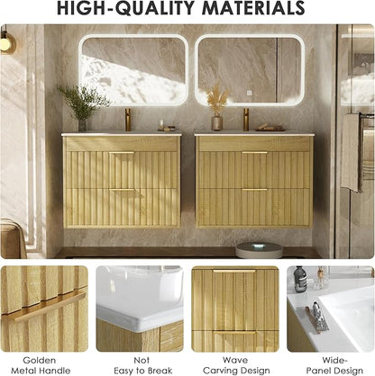 24" Bathroom Vanity with Sink, Floating Bathroom Vanity with 2 Fluted Drawers & Metal Handle, Wall Mounted Cabinets with Integrated Ceramic Sink for Apartment, Home, Wood Grain