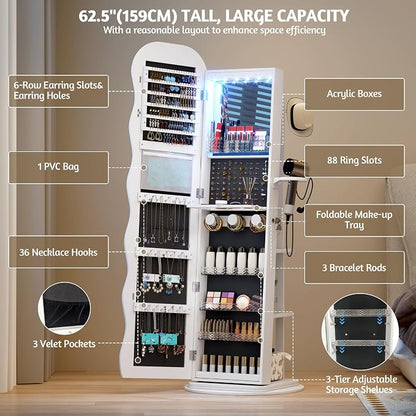 Vlsrka 360° Swivel Jewelry Armoire with Full Length Wave Mirror, White | Lockable Mirror Jewelry Cabinet Standing, Interior LED Makeup Mirror, Foldable Shelf, Large Capacity, Gift for Women, Girls