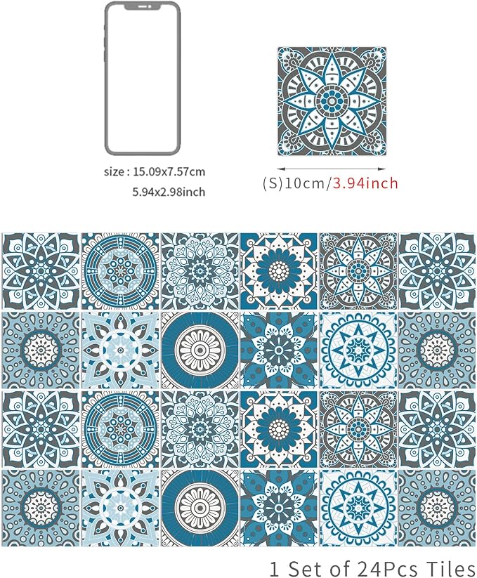 Easy Peel Stick Vinyl Moroccan Tile Decals 4x4in Stick on backsplash,24Pc | Waterproof&heat resistant tile stickers for kitchen RV laundry backsplash decor,remove no damaging,cyan mandala pattern