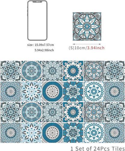 Easy Peel Stick Vinyl Moroccan Tile Decals 4x4in Stick on backsplash,24Pc | Waterproof&heat resistant tile stickers for kitchen RV laundry backsplash decor,remove no damaging,cyan mandala pattern