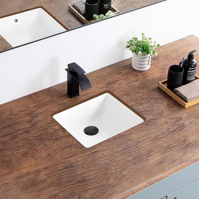 14 Inch Small Undermount Bathroom Sink White Ceramic Rectangular Under Counter Bathroom Sink for Cabinet Porcelain Vanity Sinks,Overflow Type (14.4"x12.7")