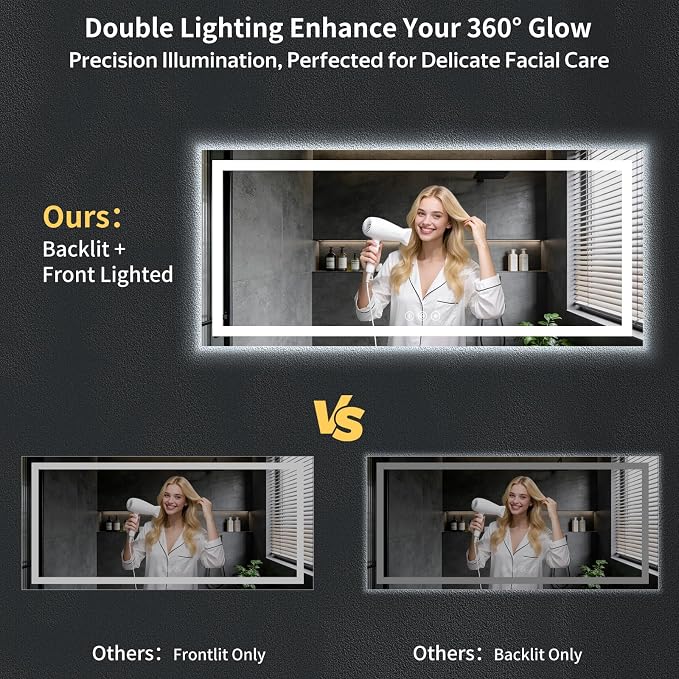 72"x32" LED Bathroom Mirror with Lights, Backlit+Frontlit, Anti-Fog | CRI 95, Stepless Dimmable, 3 Colors Lighting, Shatterproof Tempered Glass, HD Reflection, Memory, (Horizontal/Vertical)