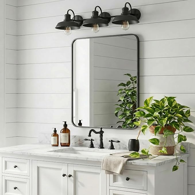 30x36 Inch Matte Black Rounded Rectangle Bathroom Vanity Mirror | For Over-Sink Bathrooms, Powder-Coated Iron Frame, Layered Shadow Box Look, Two-Way Mount, Protective Packaging