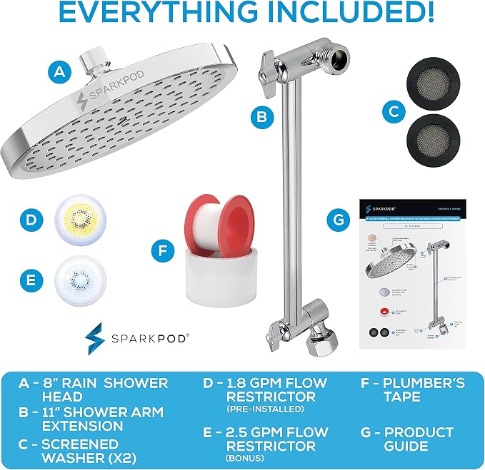 SparkPod 8" Round Rain Shower Head with 11" Shower Arm | Shower Head & Extension Arm Combo, Height Adjustable, High Pressure Performance, Easy 1-Minute Installation,Polished Chrome