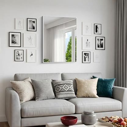 BONEWEI Silver Bathroom Mirror,24x30 inch Wall Mirror for Bathroom Wall Mounted,Rectangle Mirror for Bathroom Over Sink,Modern Metal Frame for Living Room,Bedroom Entryway,Horizontal/Vertical