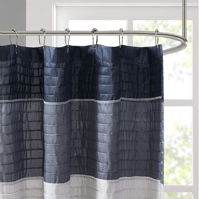 Madison Park Amherst Bathroom Shower Curtain Faux Silk Pieced Striped Modern Microfiber Bath Curtains, 72" W x 72" L, Navy (Pack of 4)