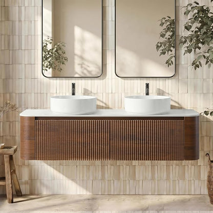 60" Floating Bathroom Vanity with Double White Vessel Sink, Walnut | Pre-Assembled Fluted Wall Mounted Vanity with Ceramic Sink, Sintered Stone Countertop, Soft-Close Drawer & Towel Rack