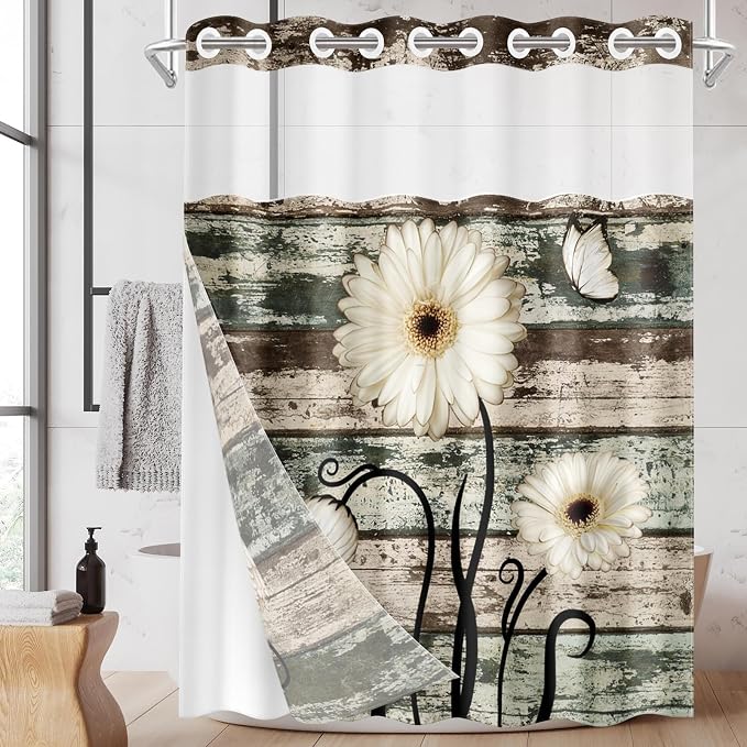 No Hook Shower Curtain with Snap in Liner 71x86 Inch Wood Flower | Vintage Daisy Boards Modern Double Layers Waterproof Fabric with See Through Top Window Open Grommet Bath Curtain