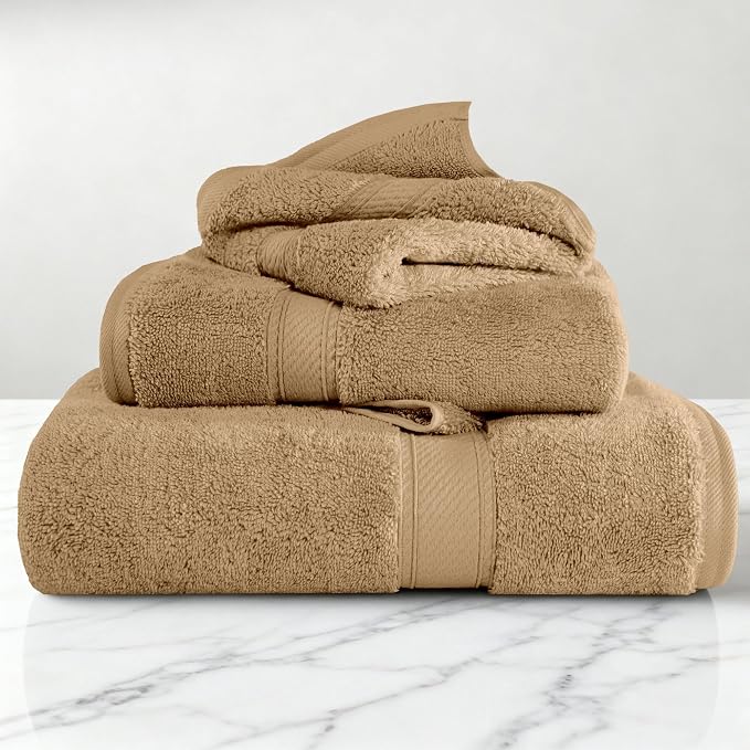 SUPERIOR Egyptian Cotton Ultra Plush & Absorbent, 3 Piece Set, Toast | Quick Dry, Soft Luxury Towel Set, Bath Essentials, Guest Bath, Spa, 1 Bath, 1 Hand, 1 Face Towels, Madeline Towels