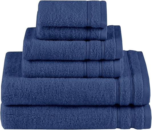 Comfort Spaces Luxury Bath Towel Set - 6 Piece: 2 Large, 2 Hand, 2 Washcloth - 100% Cotton, Quick Dry, Soft, Indigo Navy Blue