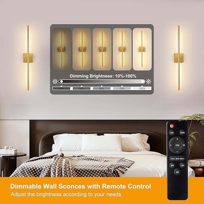 30″ Gold Battery Operated Wall Sconces Set of 2, Dimmable Wall Sconces with Remote Control, Rechargeable Sconces Wall Lighting, LED Wireless Wall Lights for Bedroom, Living Room, Bathroom