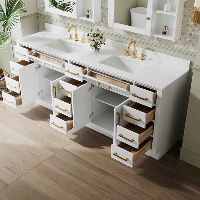 84-Inch Bathroom Vanity with Double Sinks W/ 4 Doors & 12 Drawers & 2 Flip Drawers, White Vanity W/Brushed Gold Handles