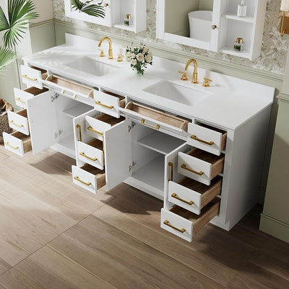 84-Inch Bathroom Vanity with Double Sinks W/ 4 Doors & 12 Drawers & 2 Flip Drawers, White Vanity W/Brushed Gold Handles